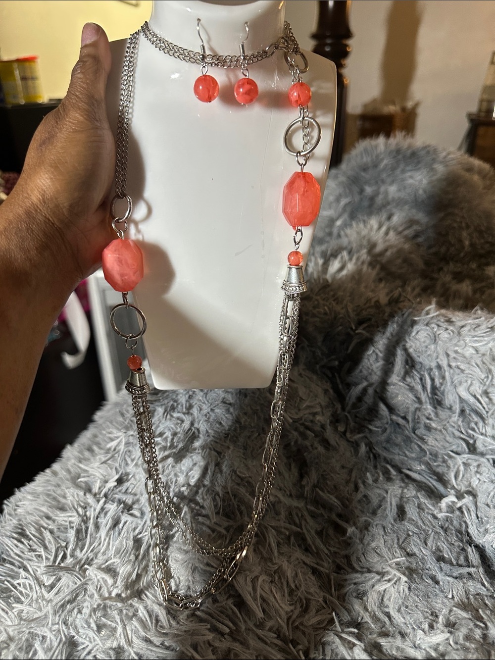 3pcs Coral Bead Multi-Strand Silver Necklace & Earring Set